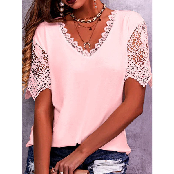 Lace Tops Women Summer Loose V Neck Short Sleeve Casual Shirts - Pink, XL