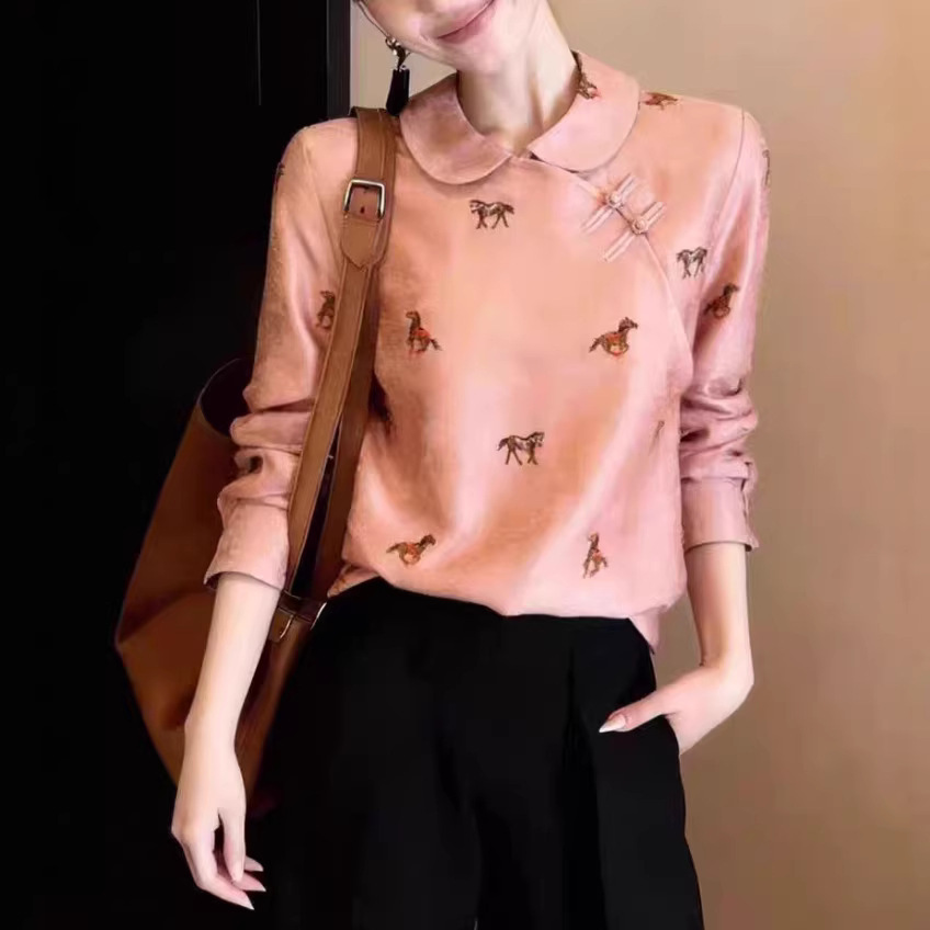 Women's Retro Printed Long-Sleeve Top - Picture Color, 2XL