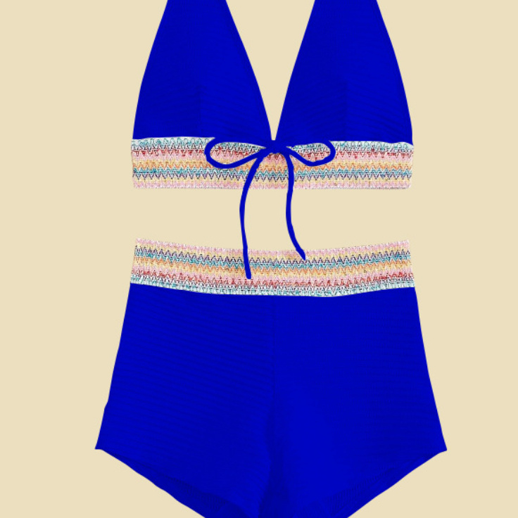 Women's Split High Waist Bikini Suit - Blue, XL