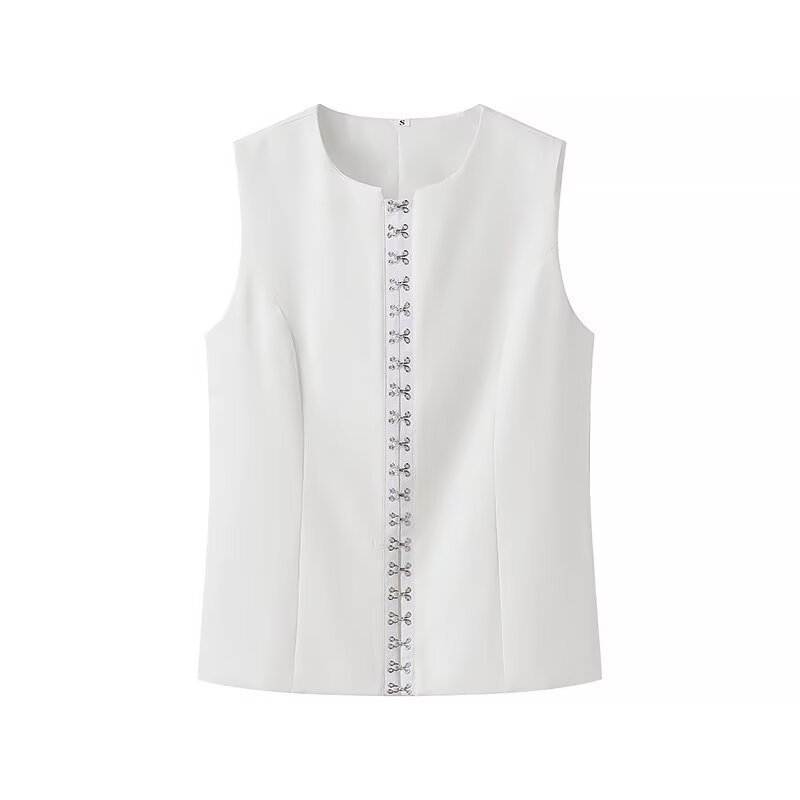 Fashion Single-breasted Round Neck Sleeveless Vest - White, M