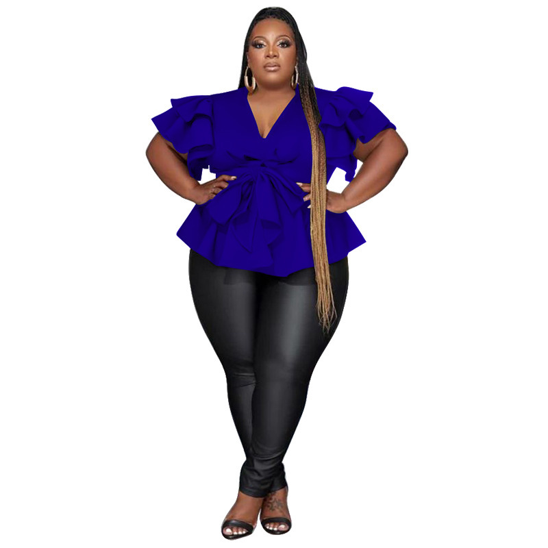 Women's Casual All-Match V-Neck Ruffle-Sleeve Pleated Blouse Top - Colorful Blue, L