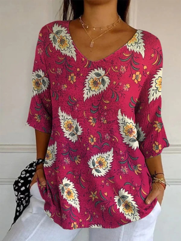 Elegant Retro Womens Casual Floral Print V-Neck Long-Sleeve Top - Style 4, 5XL