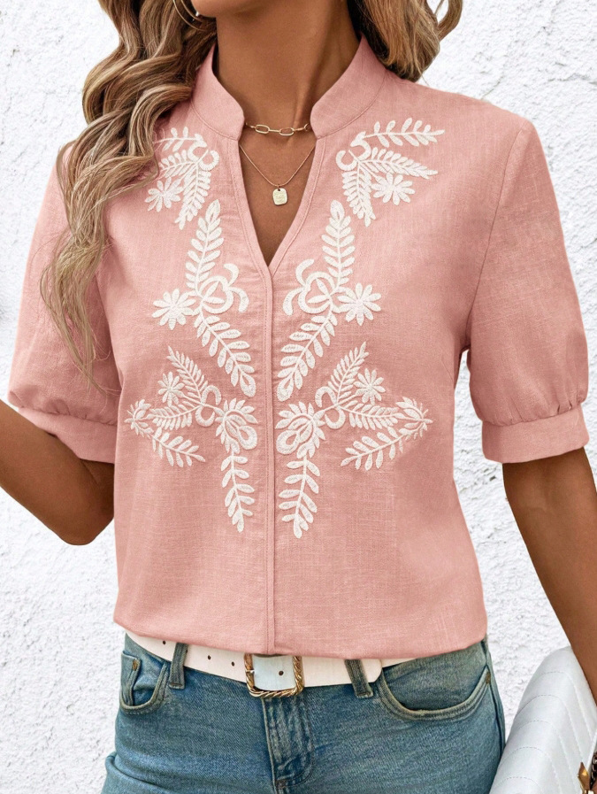 V-neck Fashion Pure Cotton Embroidery Short-sleeved Casual Shirt For Women - Pink, XL