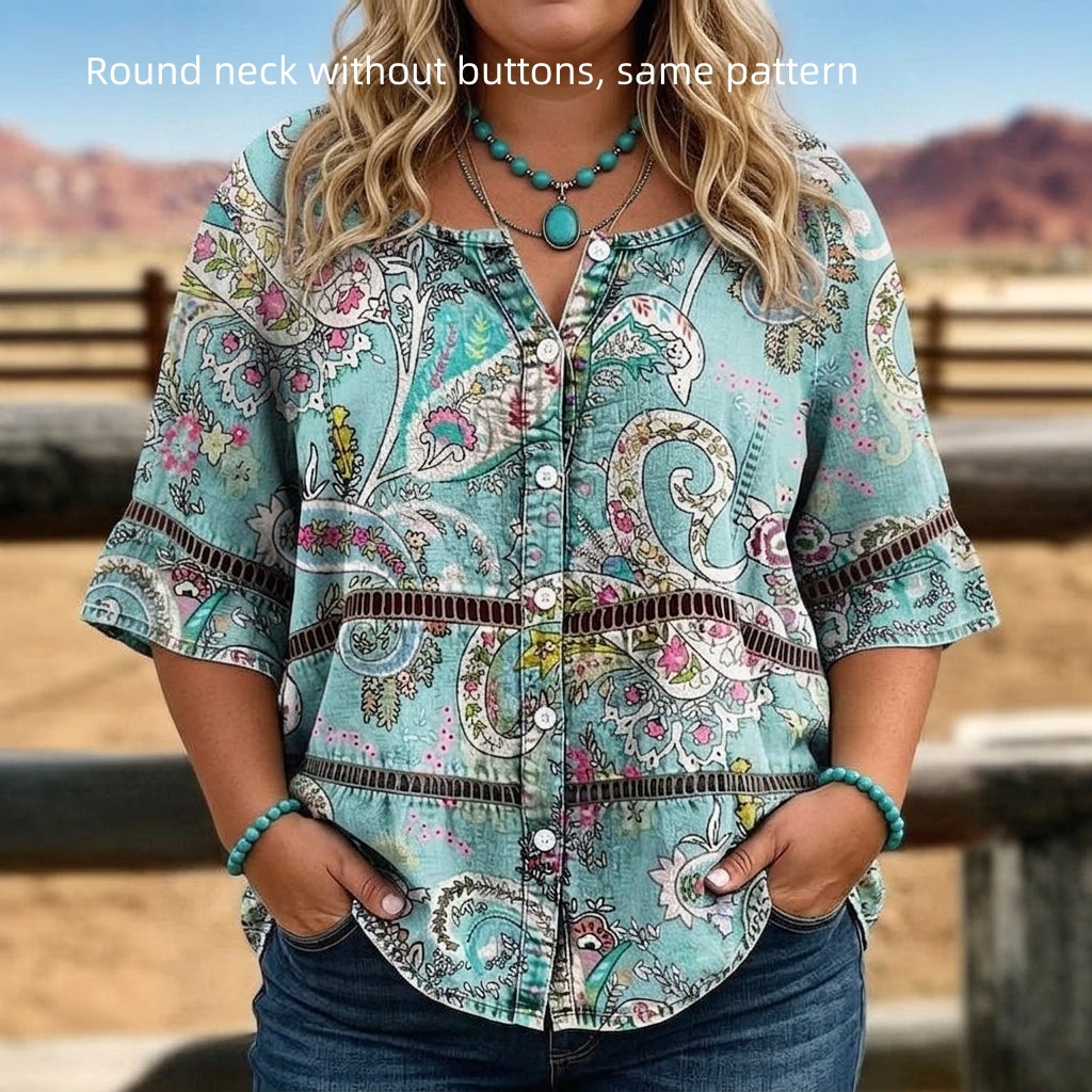 European And American Retro Bohemian Hollow-Out Plus-Size Top - Green, M