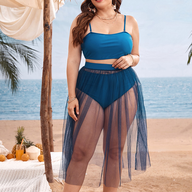 Plus Size Bikini Split Swimsuit Gauze Skirt - Blue, XL