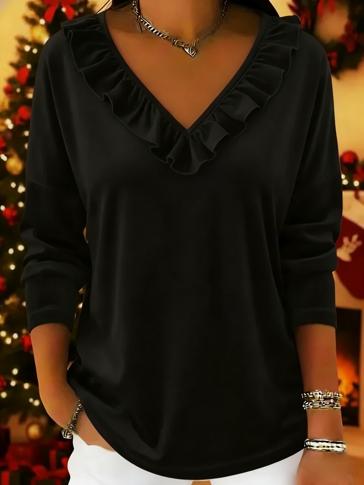 Womens Stylish Solid-Color Long-Sleeve Top With Ruffled V-Neck - Black, 3XL