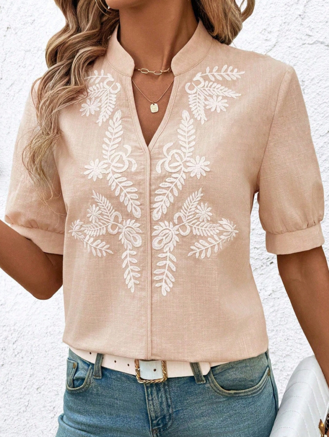 V-neck Fashion Pure Cotton Embroidery Short-sleeved Casual Shirt For Women - Apricot, XXL