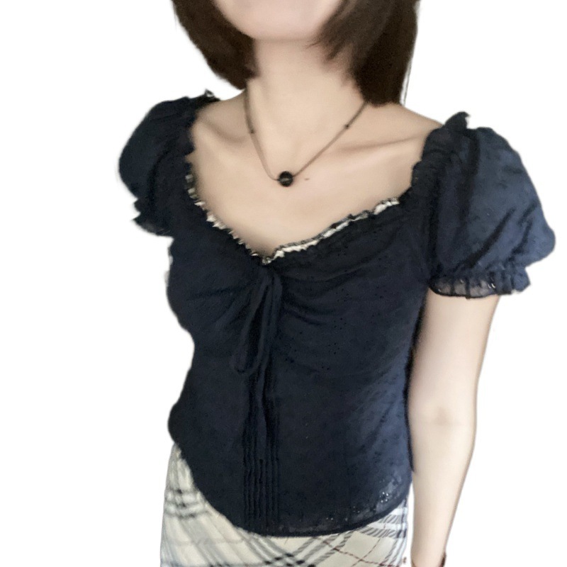 V-neck Lace Puff Sleeve Niche Shirt Short Sleeve - Navy Blue, L