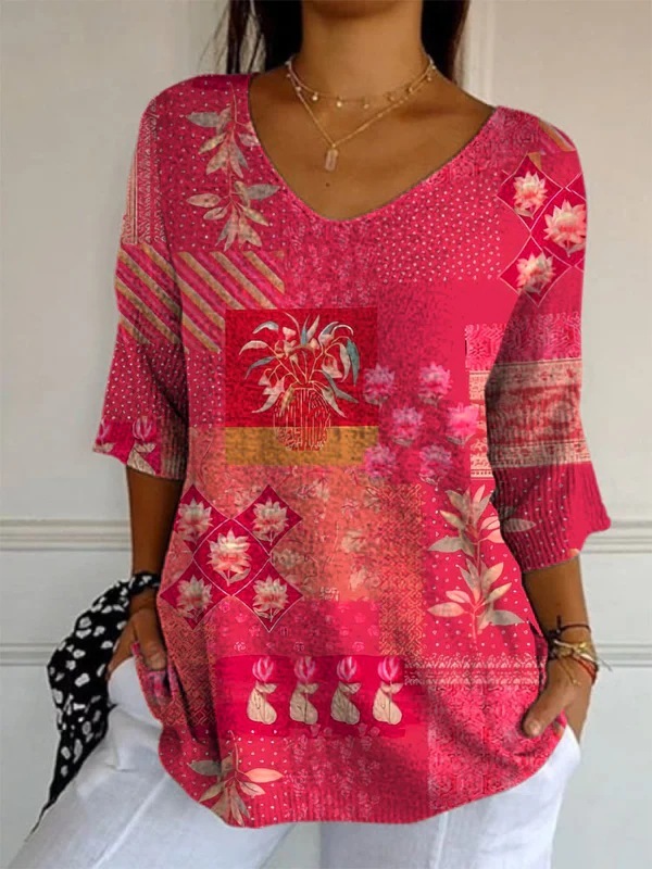 Elegant Retro Womens Casual Floral Print V-Neck Long-Sleeve Top - Style 5, 5XL
