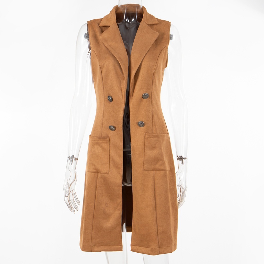 Fashionable Suede Slim-fit Retro Elegant Vest For Women - Khaki, M