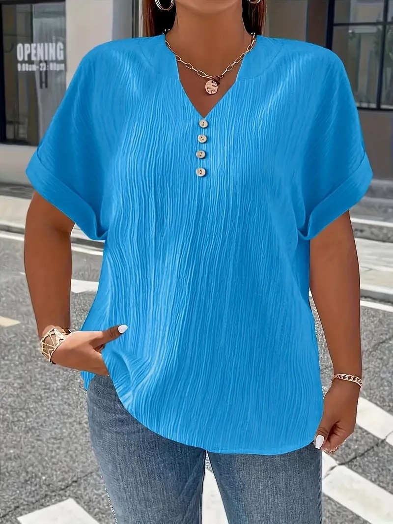 Summer Casual Women's Clothing Small V-neck Short-sleeve Top - Sky Blue, L