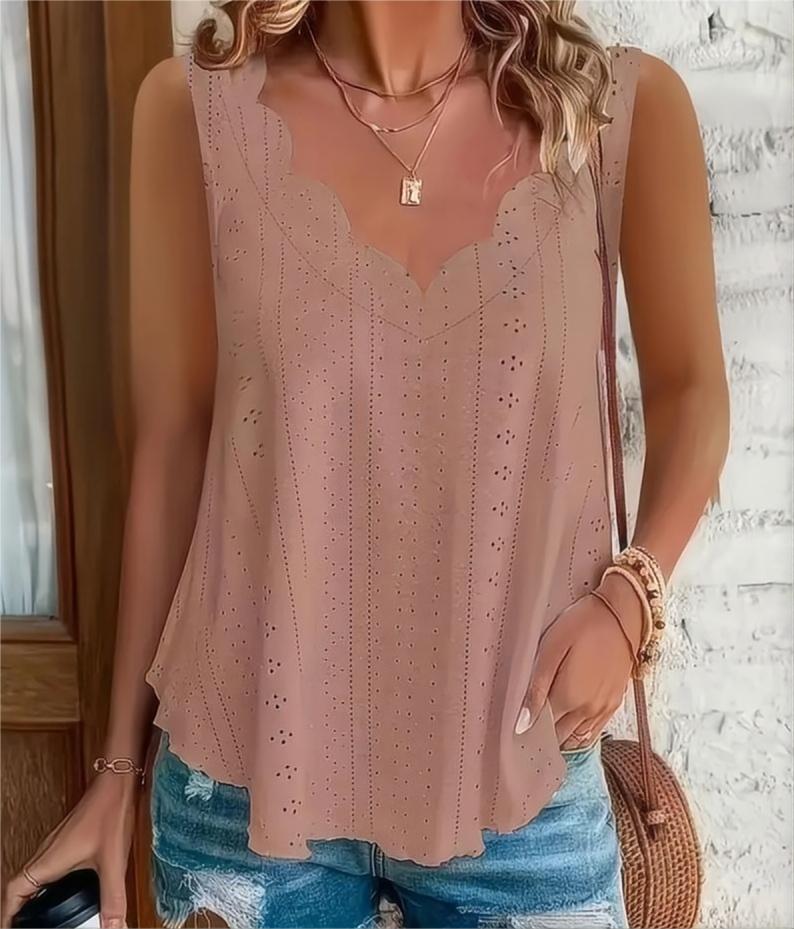 2026 Cross-border Spring And Summer New Style Independent Station Amazon Fashion Summer Plus Size Leisure Solid Color Scallop Edge V-Neck - Pale pinki