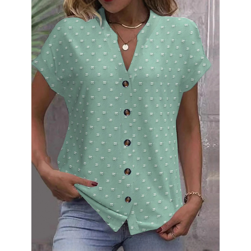 V-neck Short-sleeved Jacquard Top Casual Shirt - Green, XXL
