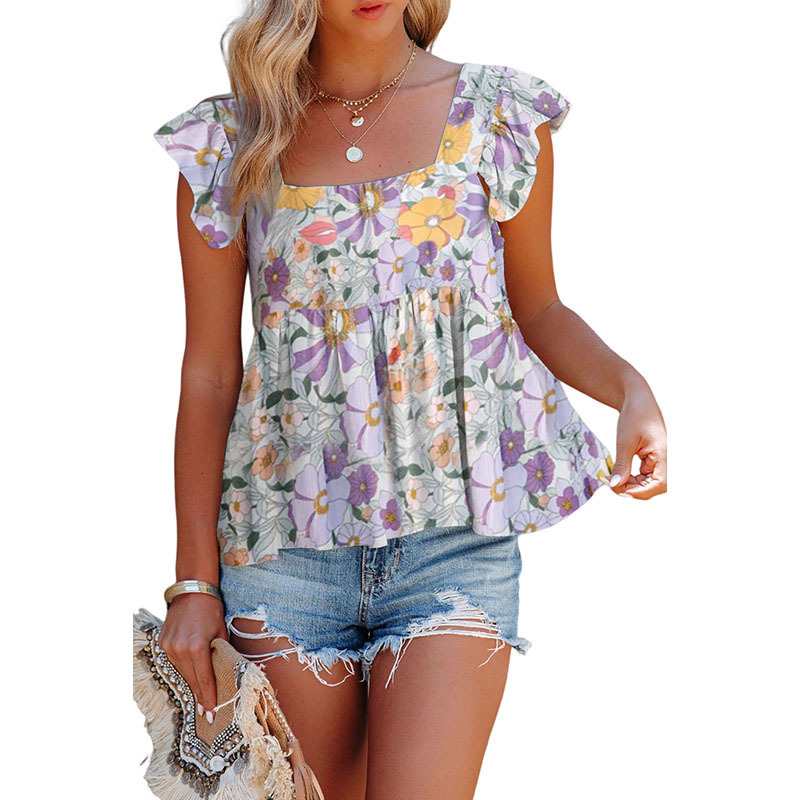 Summer Women's Sleeveless Top With Printed Square Neck Vest - Purple, XL