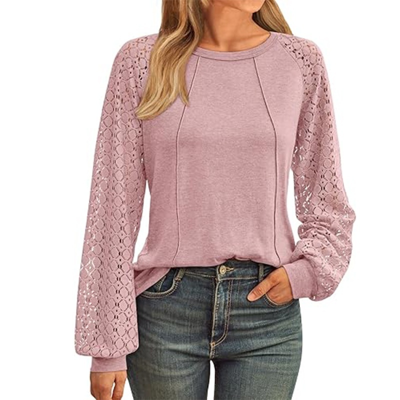Women's Lace Patchwork Round Neck Pleated Long Sleeve Top - Pink, XL