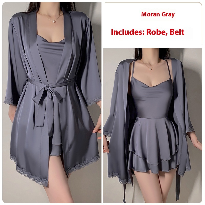 Underwear Pure Lace Slip Nightdress Outerwear Gown Homewear Suit - Moran Gray Outerwear Gown Belt, Free Size