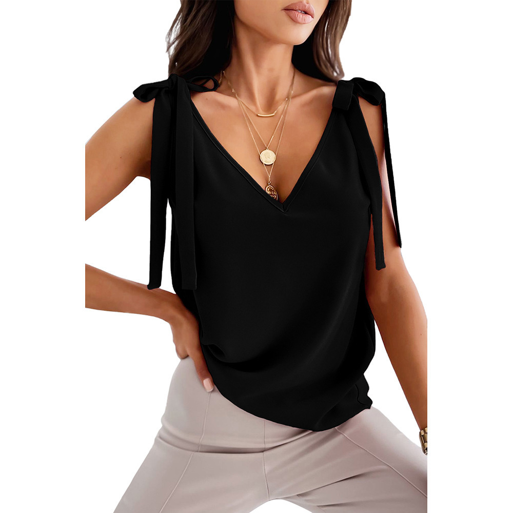Bowknot Tie Up Camisole V-neck Shirts Women Summer Sleeveless Tank Tops - Black, 2XL