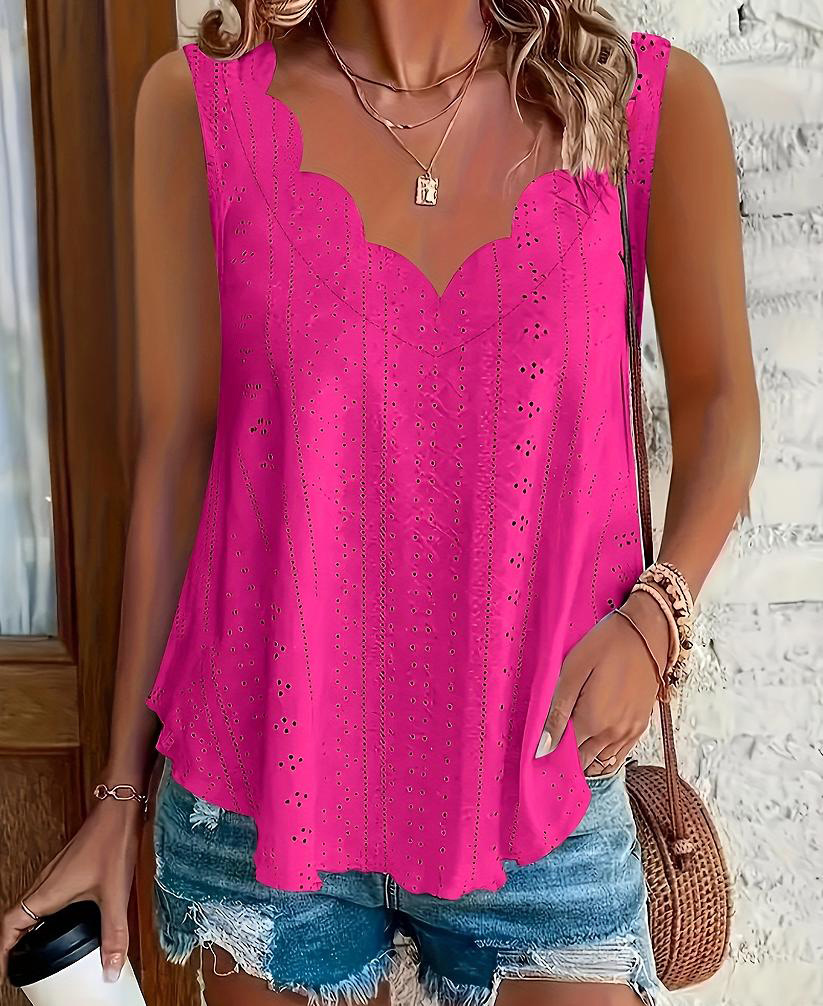 2026 Cross-border Spring And Summer New Style Independent Station Amazon Fashion Summer Plus Size Leisure Solid Color Scallop Edge V-Neck - Rose red,