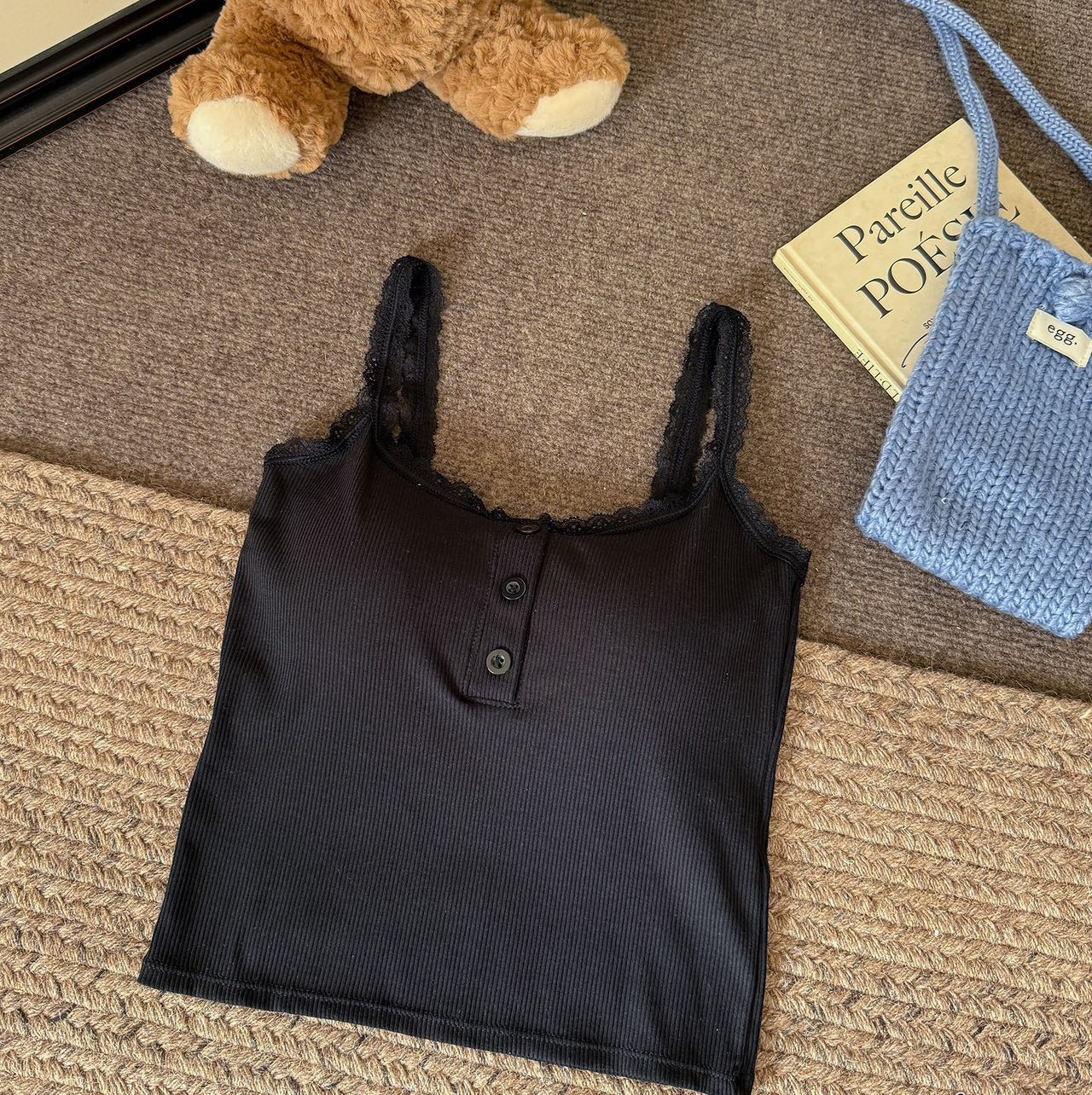 Vest Lace Slimming Stripes Button With Chest Pad - Black, Free Size