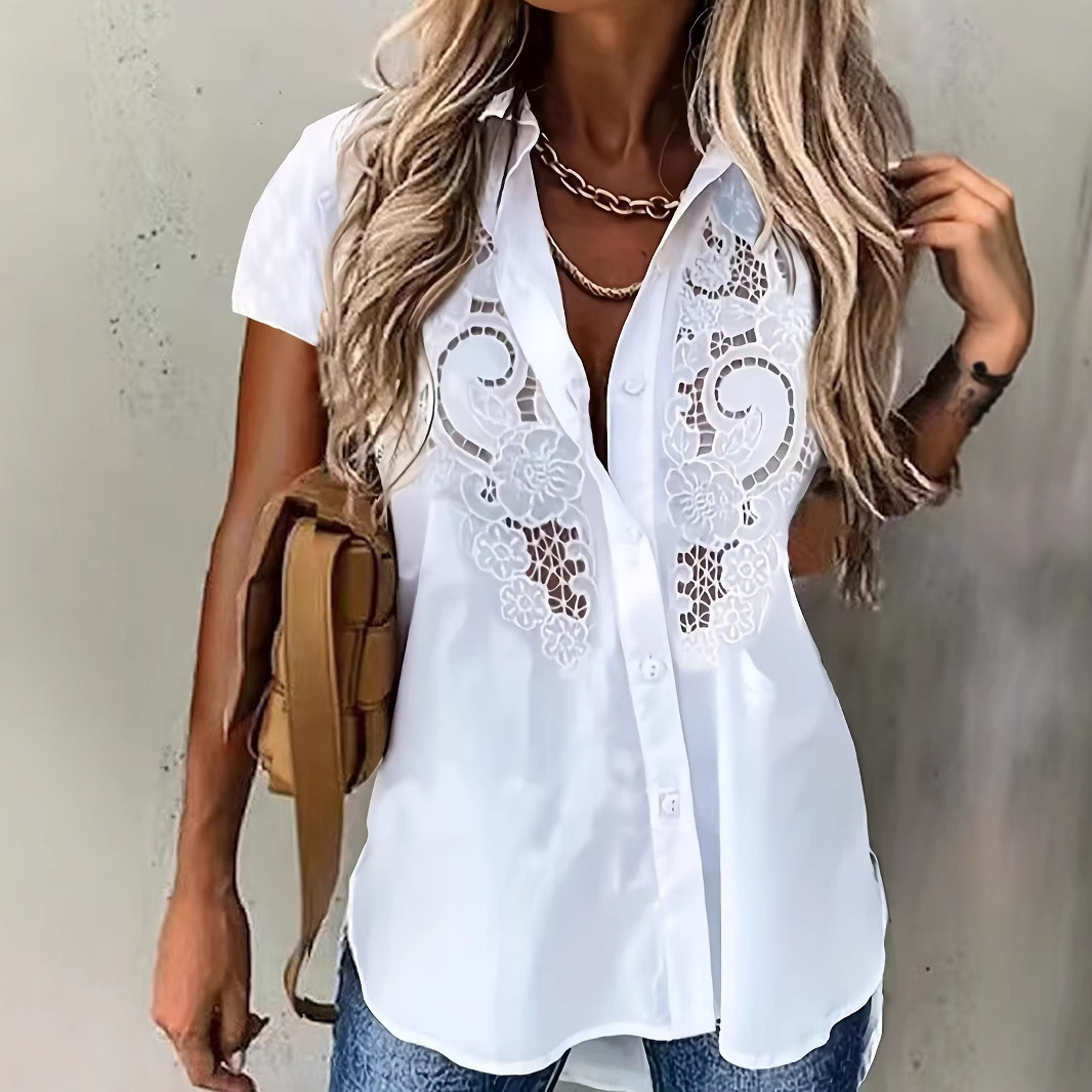 Womens Elegant Solid-color Lapel Cardigan With Embroidered Hollow-out Short-sleeve Blouse - White, M
