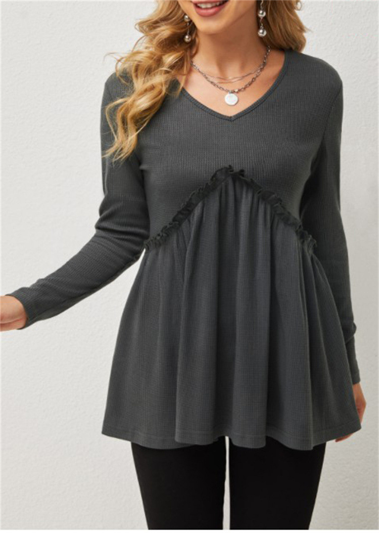 Loose-fit Ruffled Pleated V-neck T-shirt For Women - Gray, M