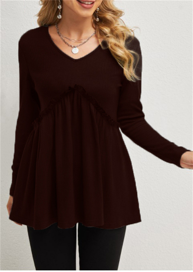Loose-fit Ruffled Pleated V-neck T-shirt For Women - Wine Red, S