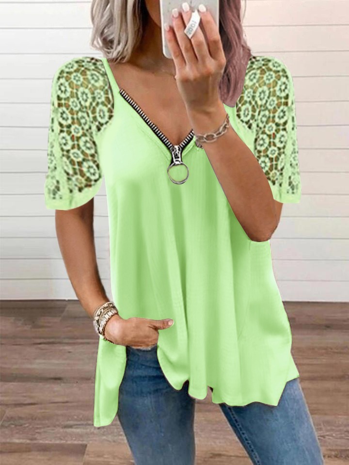 Lace Stitching Short-sleeved Solid Color Loose T-shirt - Green, 2XL