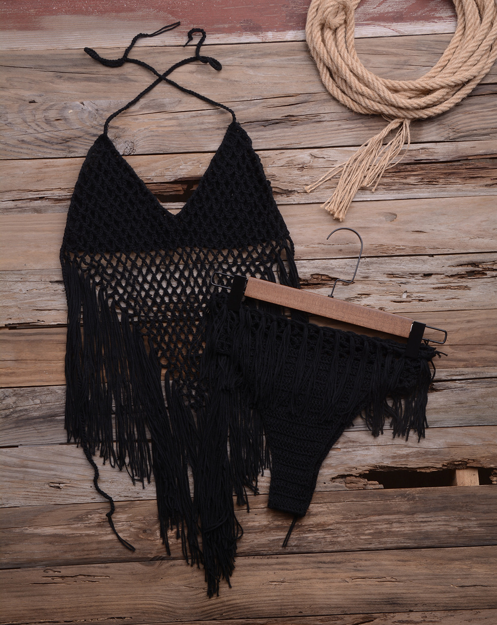 Hand-woven Beach Hollow Tassel Split Swimsuit Set Factory Direct Sales - Black, S