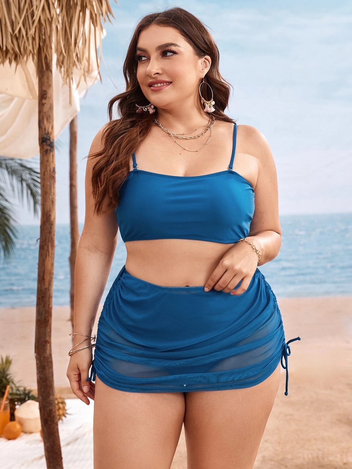Pure Color Mesh Bikini Three-piece Set For Women - Dark Blue, 3XL
