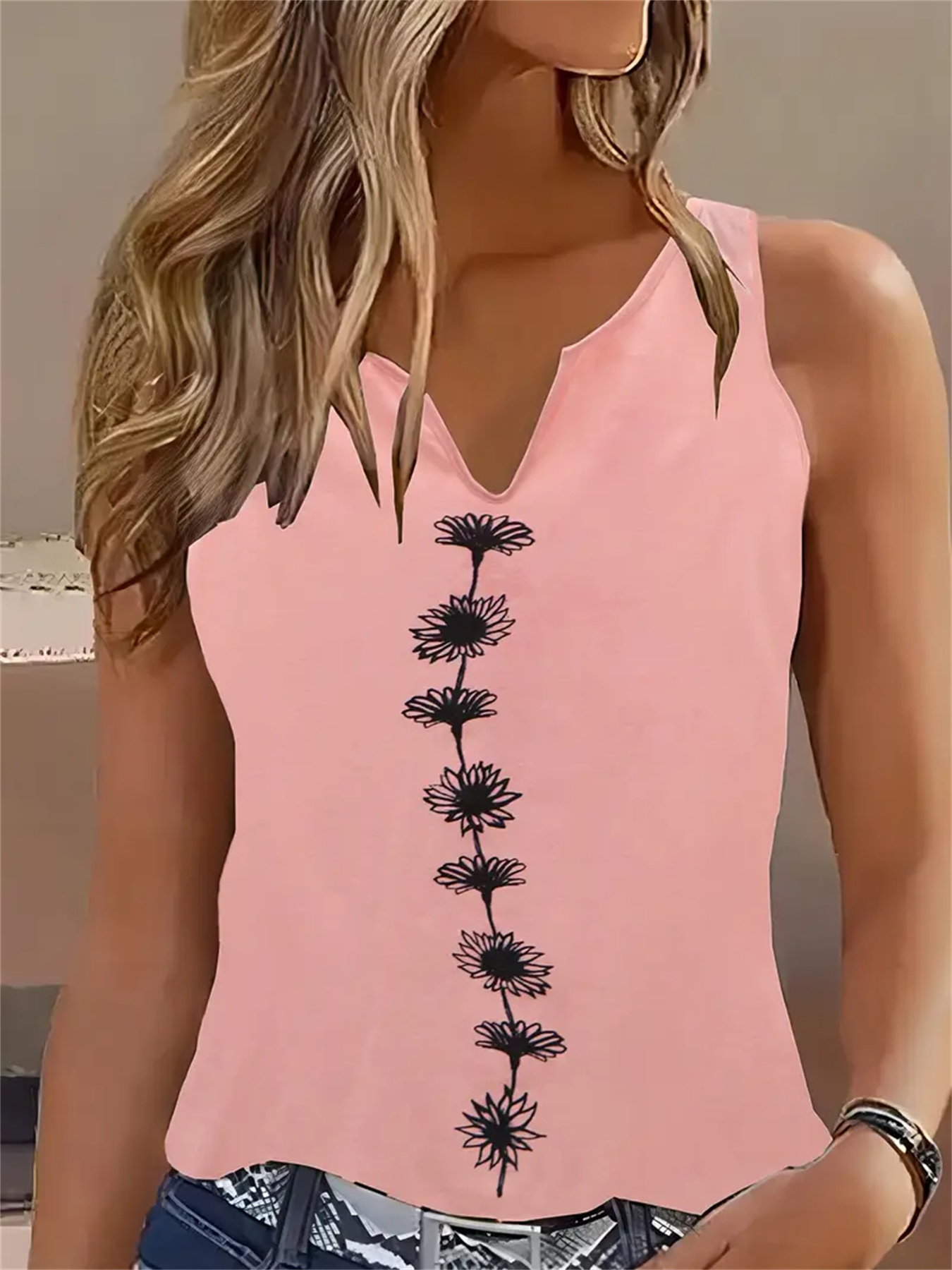 Floral Print Tank Top, Casual Notch Neck Summer Sleeveless Top, Women's Clothing - Pink, M