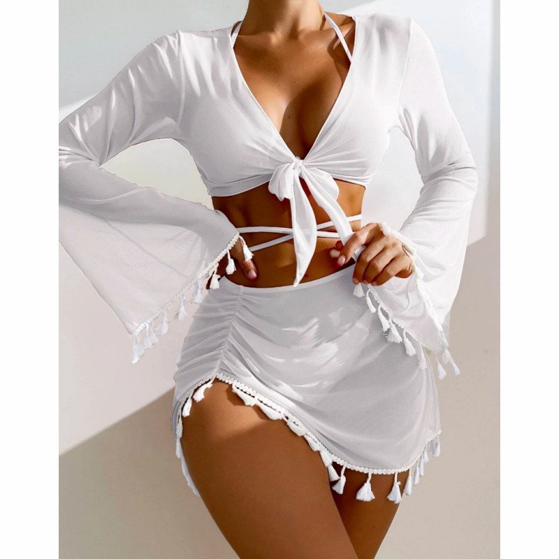 New European And American Conservative Four-piece Solid Color Tassel Blouse Mesh Skirt Bikini Swimsuit For Women - White, L