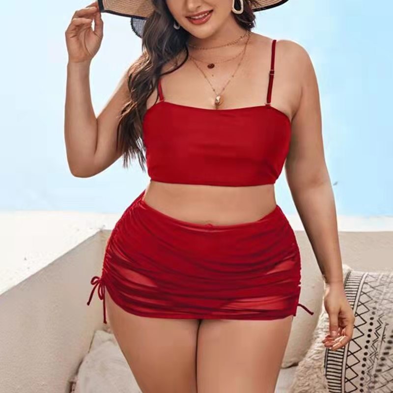 Pure Color Mesh Bikini Three-piece Set For Women - Red, 4XL