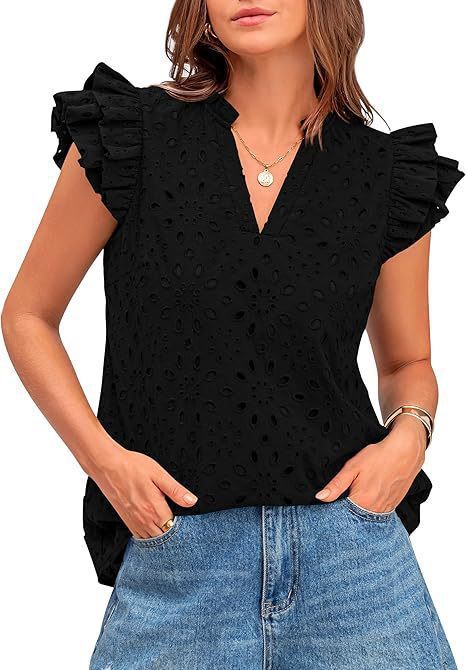 Women's Eyelet Top Fashion Casual V-neck Pleated Cover Sleeve Lace Embroidered Shirt - Black, S