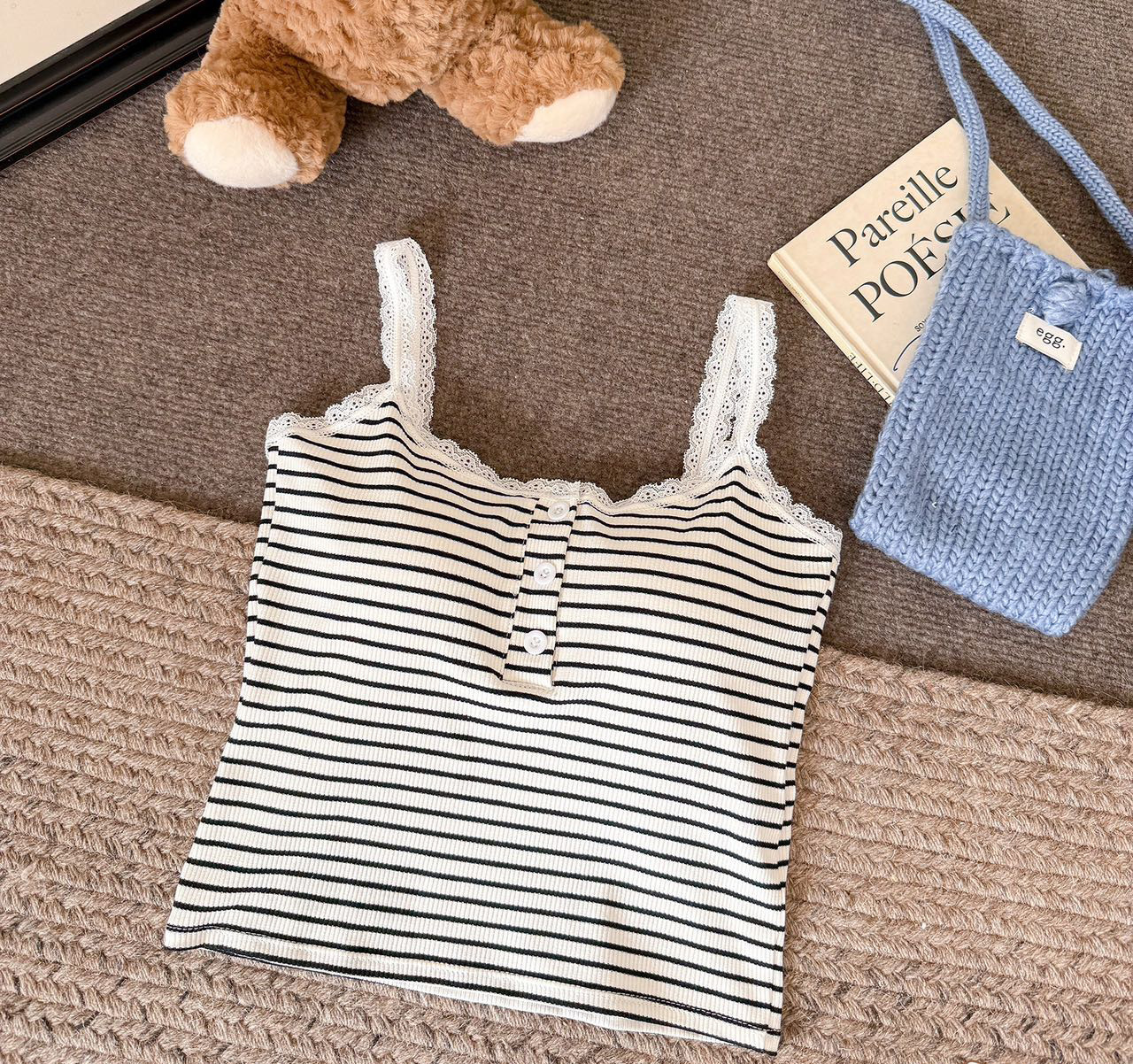 Vest Lace Slimming Stripes Button With Chest Pad - Striped White, Free Size