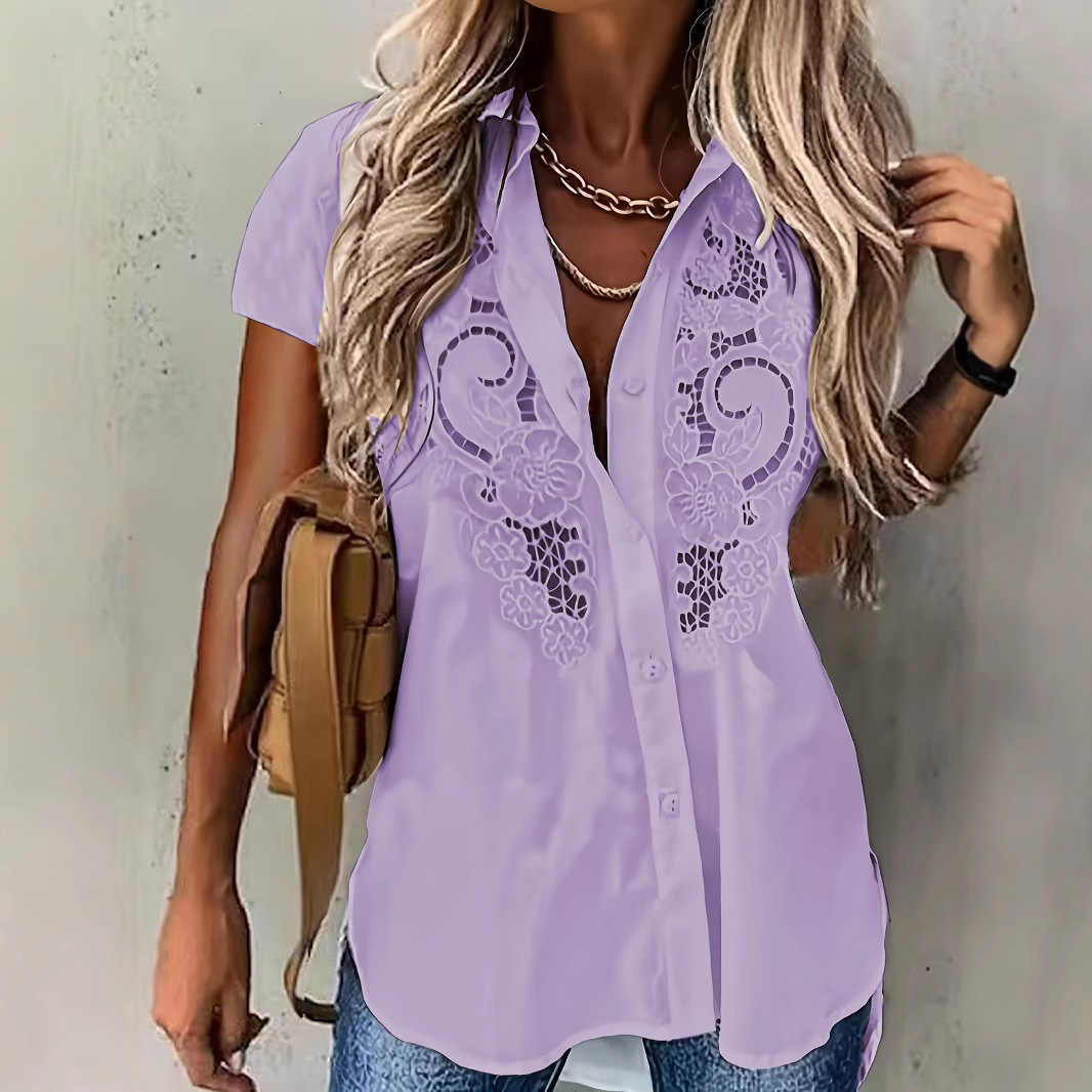 Womens Elegant Solid-color Lapel Cardigan With Embroidered Hollow-out Short-sleeve Blouse - Light Purple, L