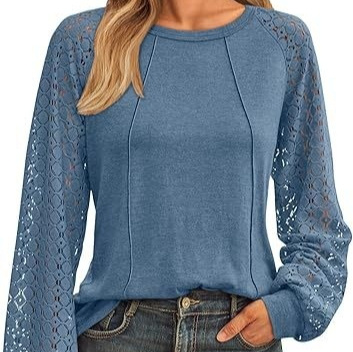 Women's Lace Patchwork Round Neck Pleated Long Sleeve Top - Blue, L