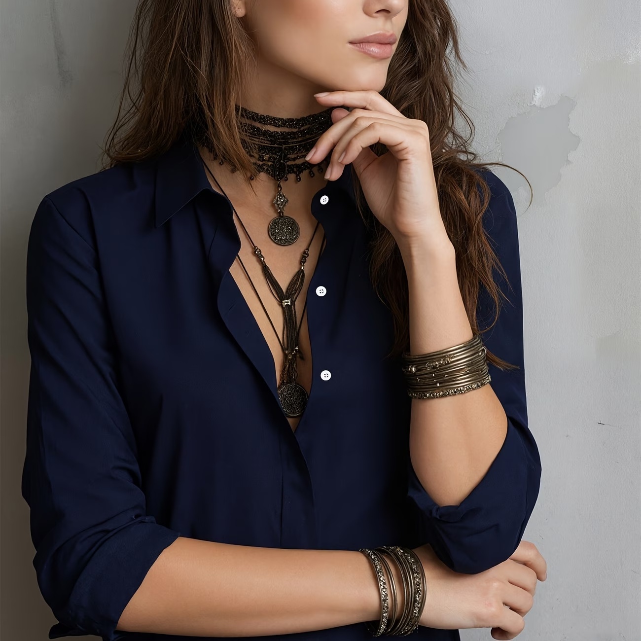 Polyester Blouse - Dark Blue, 2XL