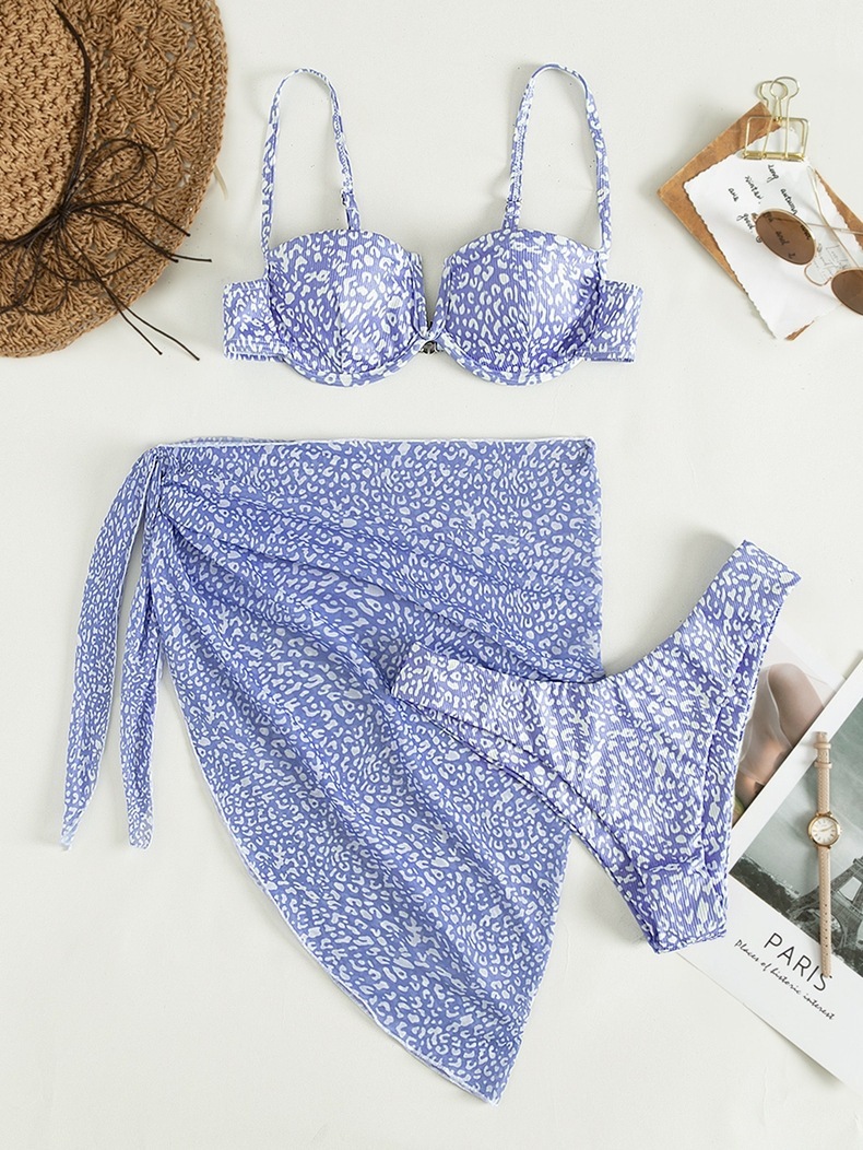 Three-piece Floral Bikini Beach Dress - Purple, M