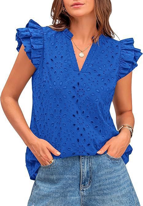 Women's Eyelet Top Fashion Casual V-neck Pleated Cover Sleeve Lace Embroidered Shirt - Blue, XXL