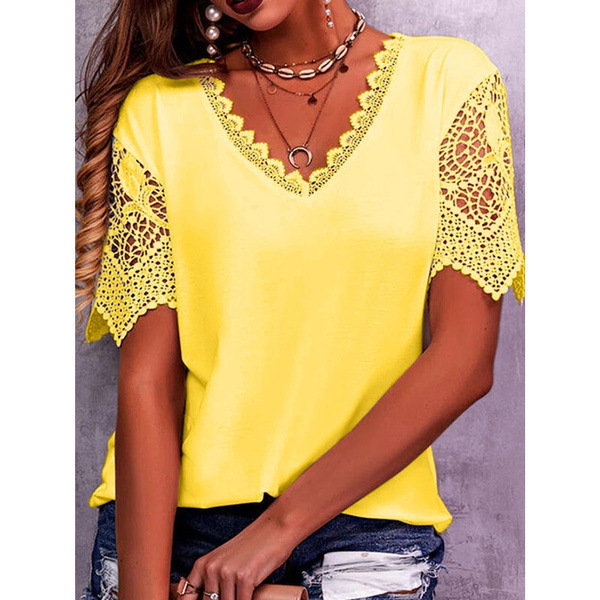 Lace Tops Women Summer Loose V Neck Short Sleeve Casual Shirts - Yellow, XXL