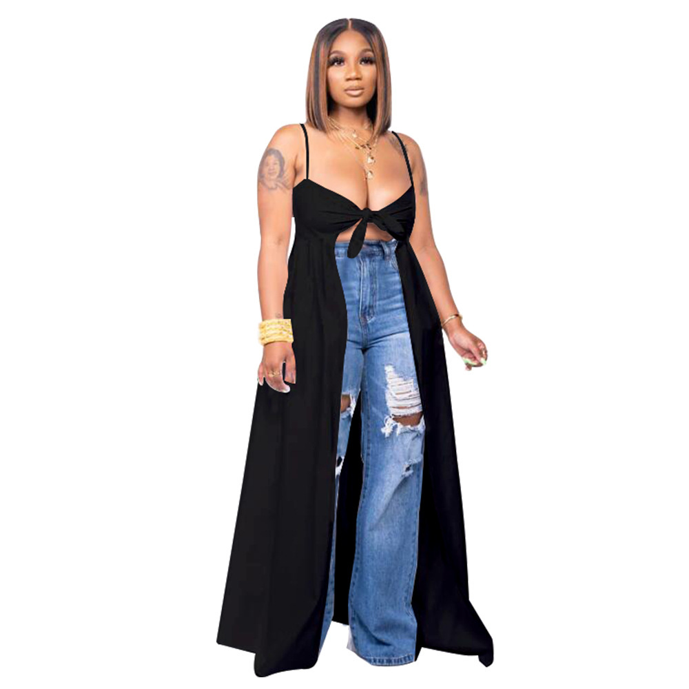 Womens Sexy Camisole Irregular V-Neck Slit T-Shirt - Black, S