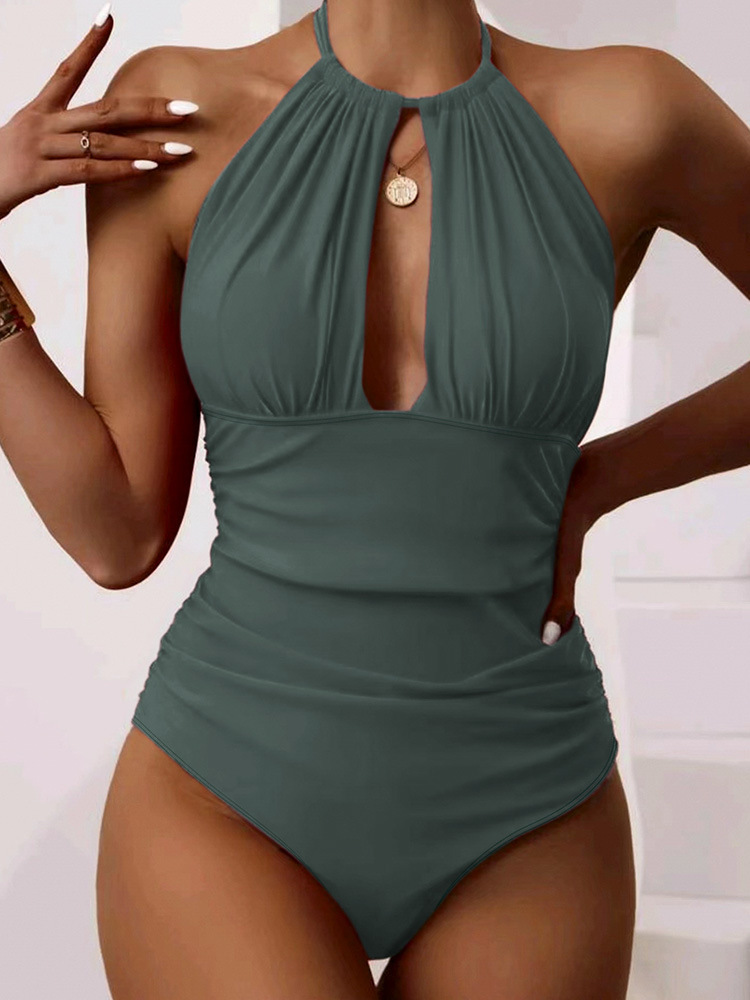 New One-piece Halter Hot Spring Swimming Swimsuit For Women - Gray Green, S