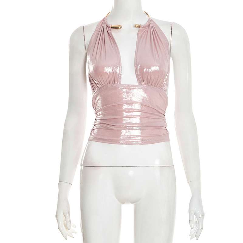 Women's Sexy Deep V-Neck Halter Short Top - Pink, L