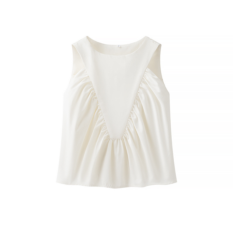 Pleated Decorative Vest Women's Solid Color Round Neck Sleeveless Pullover - White, M