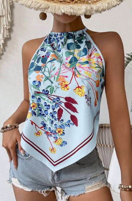 Printed Notched Neck Sleeveless Tank Top - Style4, L