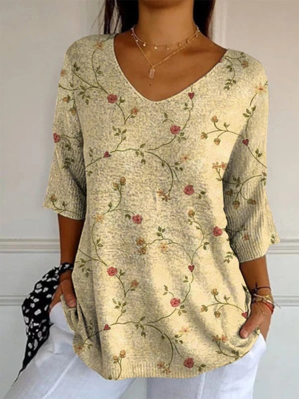 Elegant Retro Womens Casual Floral Print V-Neck Long-Sleeve Top - Style 11, 4XL