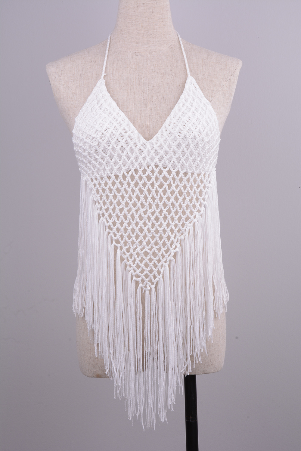 Hand-woven Beach Hollow Tassel Split Swimsuit Set Factory Direct Sales - White Bra, S