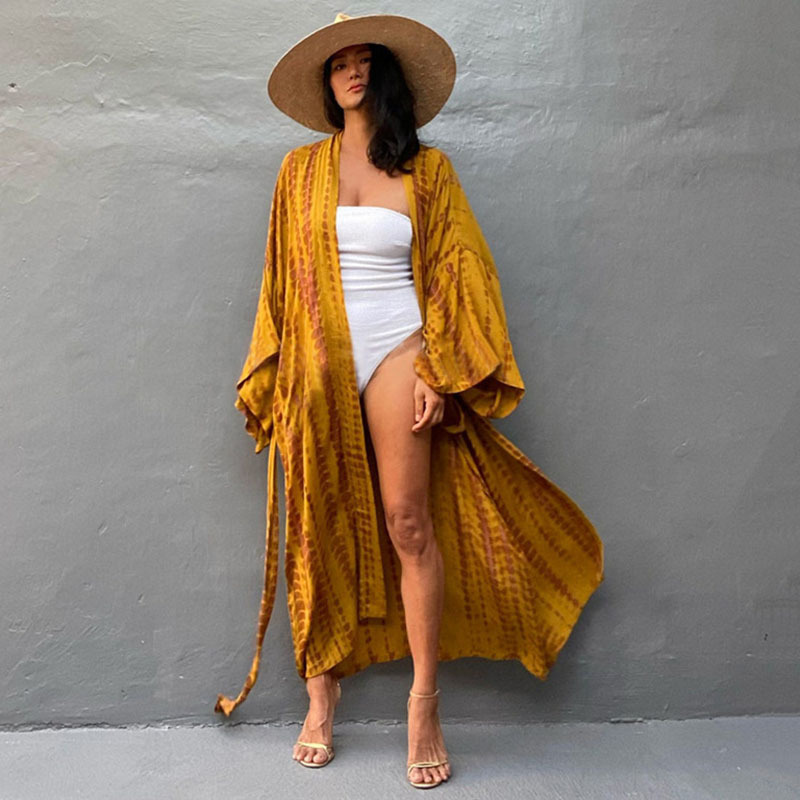 Printed Sexy Loose Sun Protection Bikini Blouse - DN0712 Yellow Series, Average Size