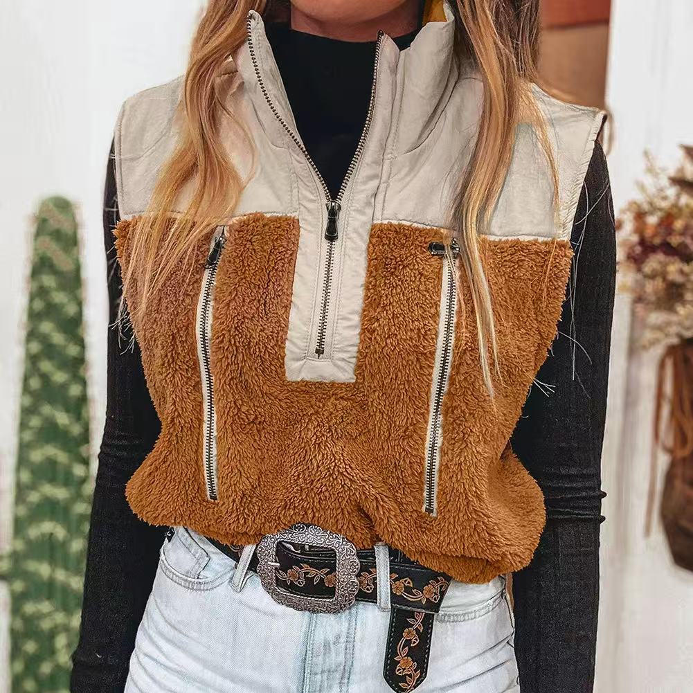 Women's Casual Stand Collar Stitching Wool Vest - Chestnut, L