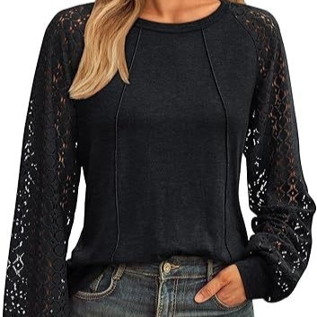 Women's Lace Patchwork Round Neck Pleated Long Sleeve Top - Black, L